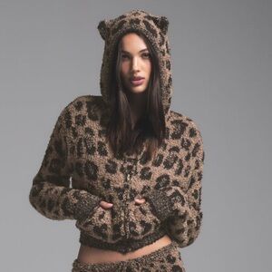Skims Cozy Knit Animal Ear Leopard Hoodie L/XL